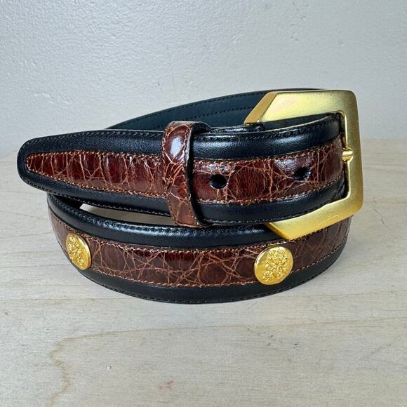 Vintage Accessories - Vtg Women’s Belt Black Leather Brown Crocodile fleur-de-lis Gold Concho 28-30”